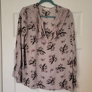 Loft floral long sleeve blouse top gray and pink nwot  medium